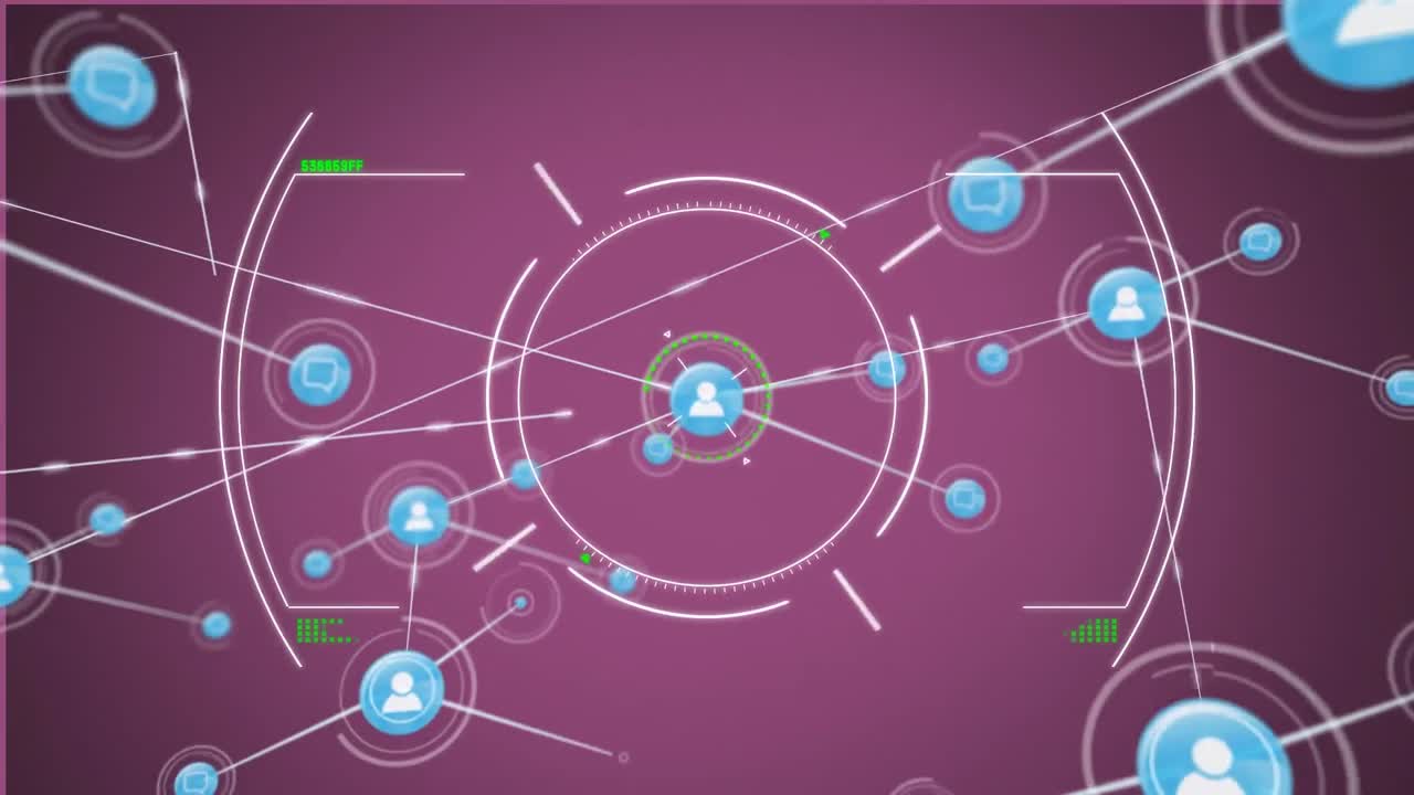 보라색 배경에 연결된 사람 아이콘의 원형 범위와 움직이는 네트워크의 애니메이션