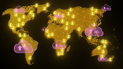 processing data and global network connections animation over world map with statistics