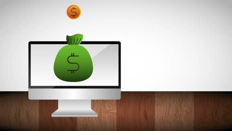 monedas de dólar cayendo en la bolsa de dinero computadora