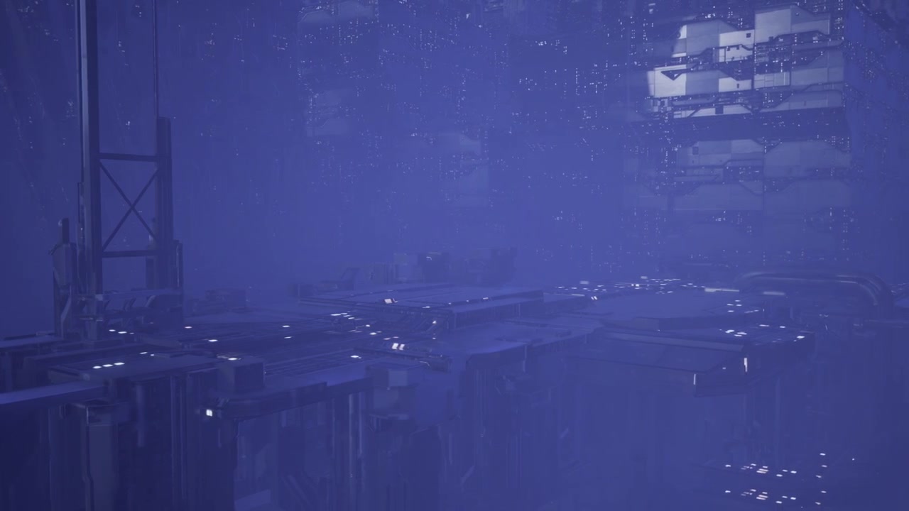 Serene maintenance hall cloaked in snow and gentle blue glow