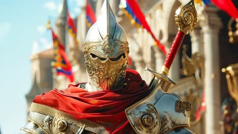 un hombre en armadura sosteniendo una espada frente a un edificio