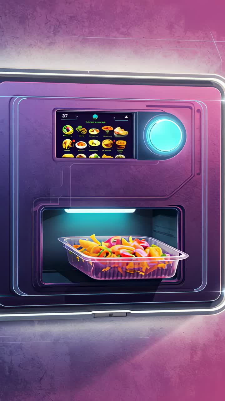 Vertical video: Panning camera showing food unit on purple wall to show clear tray and controls