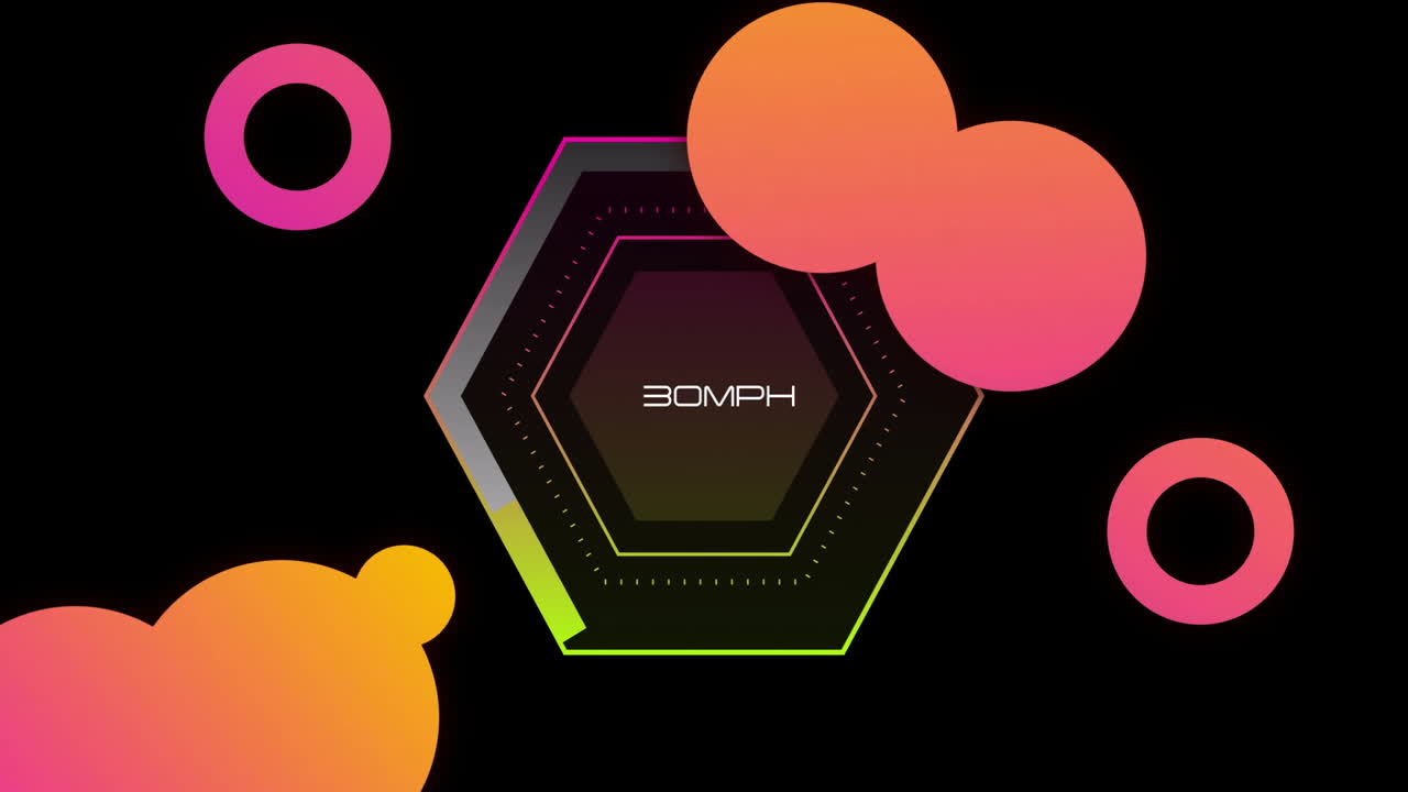 Animation of hexagon with 145 MPH text surrounded by colorful abstract shapes
