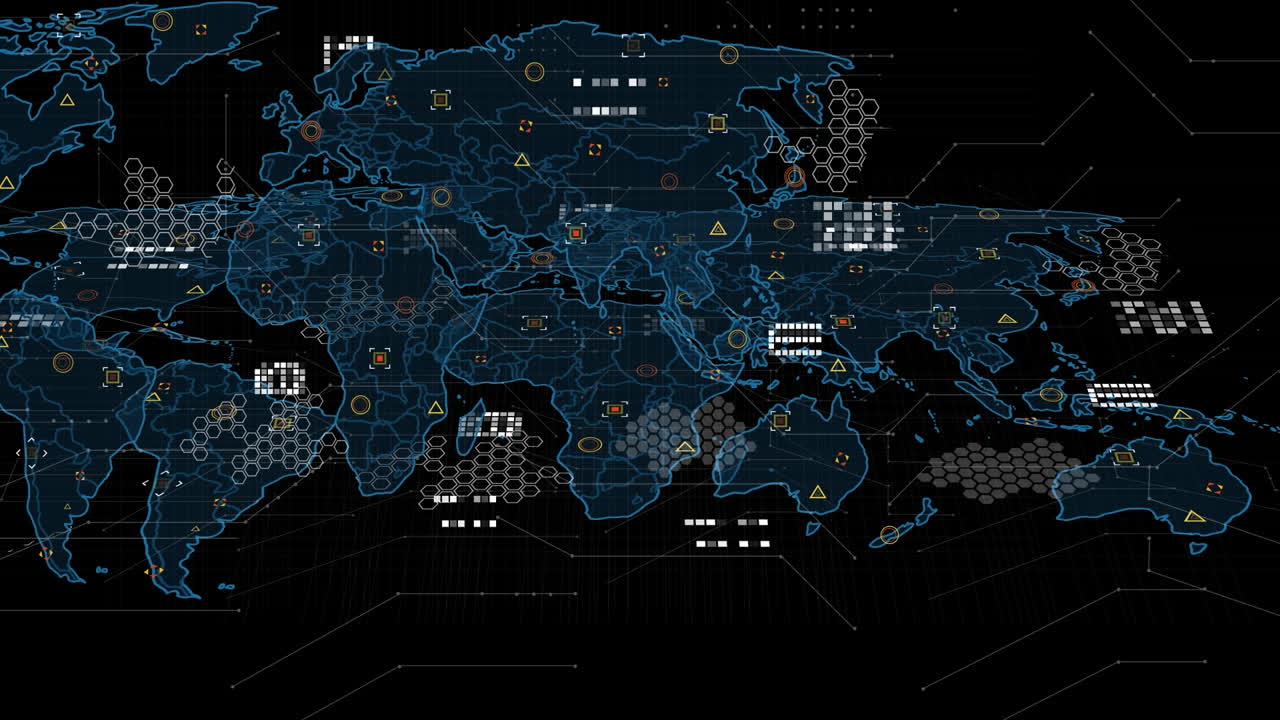 Animation of data processing with world map on black background