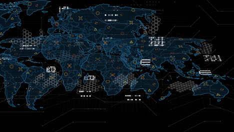 animación del procesamiento de datos con un mapa del mundo en fondo negro