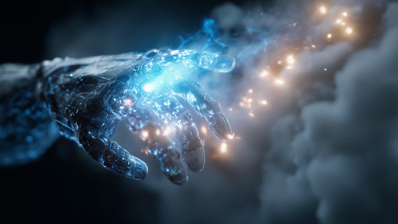 A Captivating Journey of a Robotic Hand Emitting Energy and Light Surrounded by Mystical Clouds, Channeling the Fusion of Technology and Imagination in an Intricate Display of Digital Creation