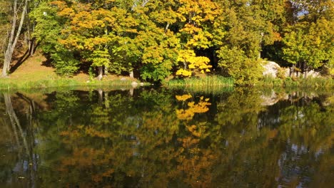 Coloridos-árboles-De-Otoño-Que-Se-Reflejan-En-El-Agua-Tranquila-Del-Estanque-En-El-Parque-Local,-Mosca-Lateral-Aérea