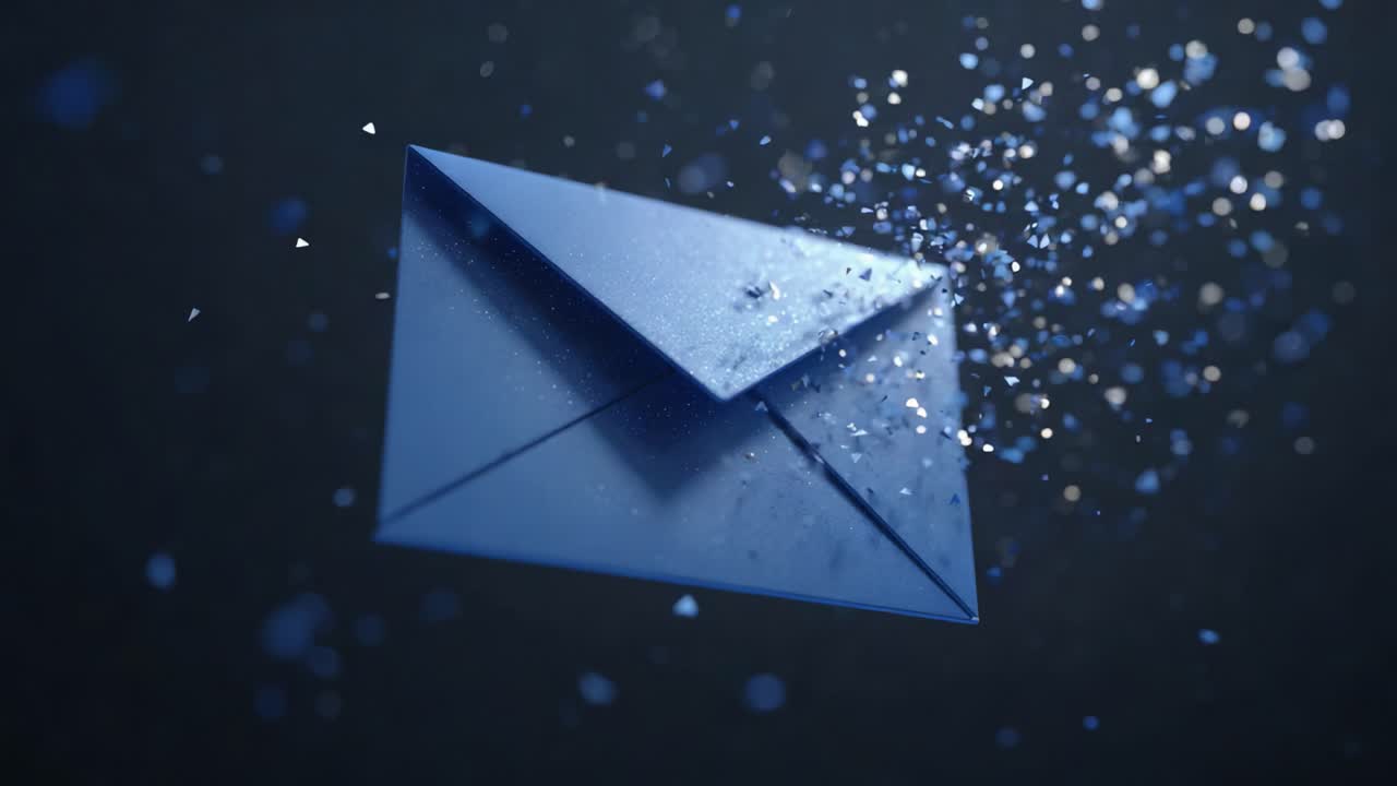 A captivating visual representation of a blue envelope gracefully suspended in the air, emitting sparkling particles that evoke a sense of mystery and creativity in communication