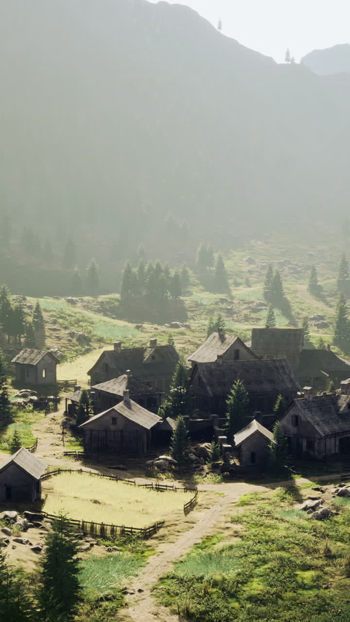 Tranquil village in a valley surrounded by green mountains by day