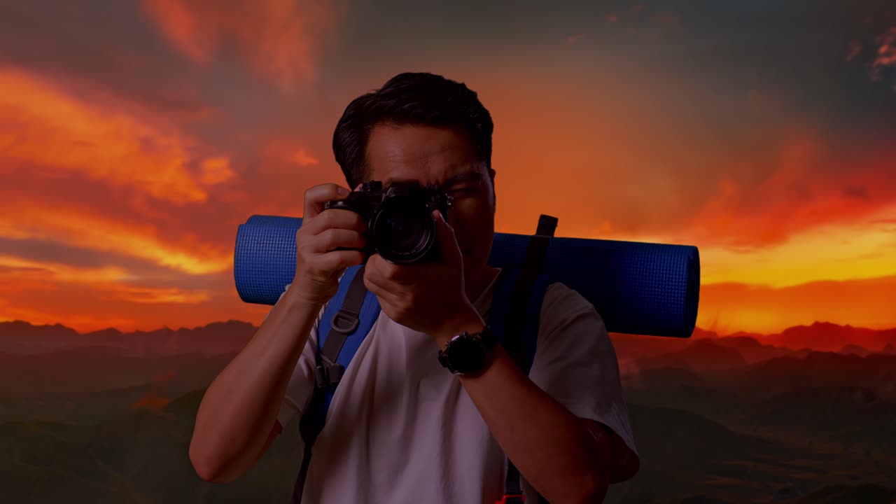 hombre tomando una fotografía de la puesta de sol sobre las montañas