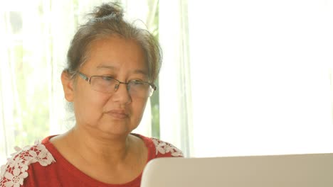 mujeres ancianas asiáticas con gafas trabajan en casa en la computadora portátil