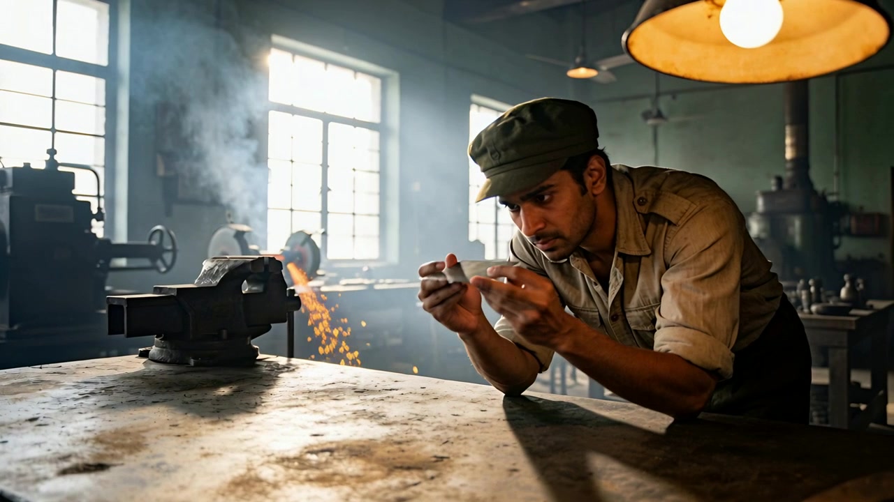 Leaning machinist green cap rotating plate against window light while grinder sparking, copy space