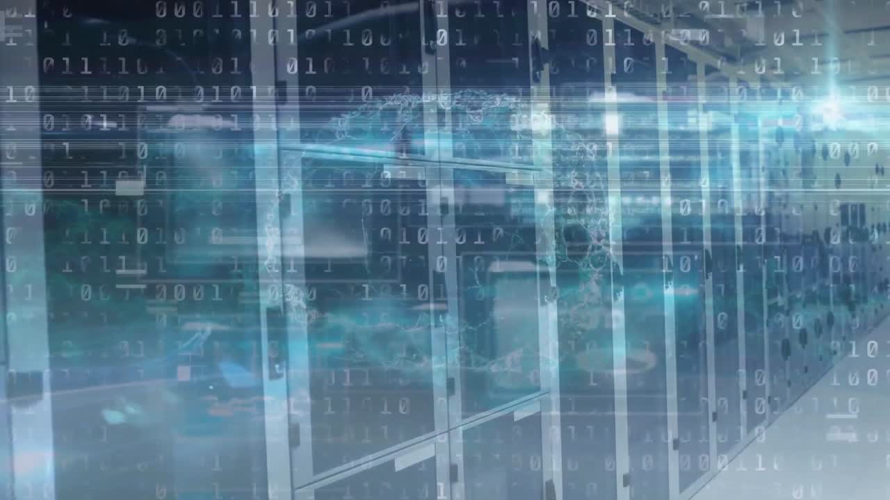 컴퓨터 서버 에 대한 이진 코딩과 인간 뇌 아이콘의 애니메이션.