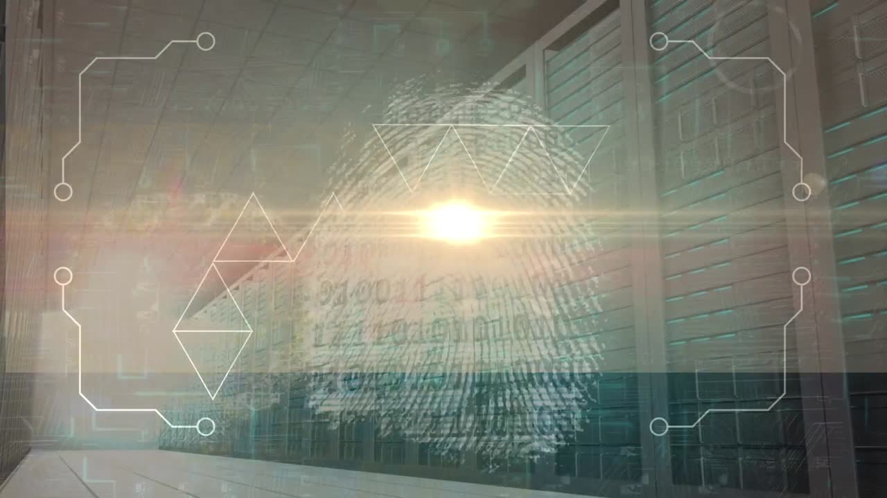 animación de codificación binaria, huellas dactilares biométricas, datos en una placa de circuito de computadora brillante