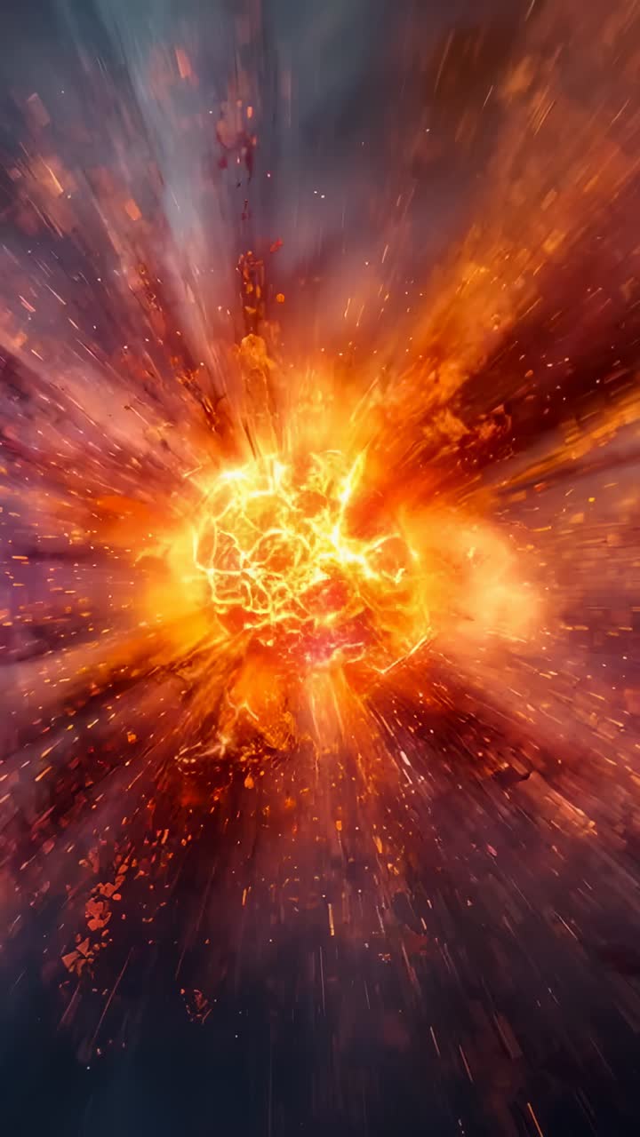 Vídeo vertical: cámara con zoom que revela una esfera con forma de estrella que crece en el espacio y muestra llamaradas de la corona solar