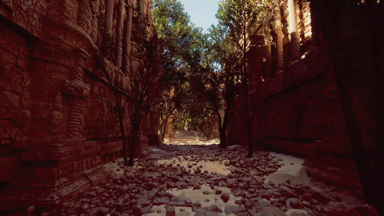 Ancient stone ruins surrounded by trees and scattered rocks in daylight