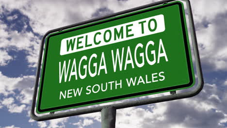 Welcome-to-Wagga-Wagga,-New-South-Wales,-Australia,-City-Road-Sign,-Realistic-3D-Animation