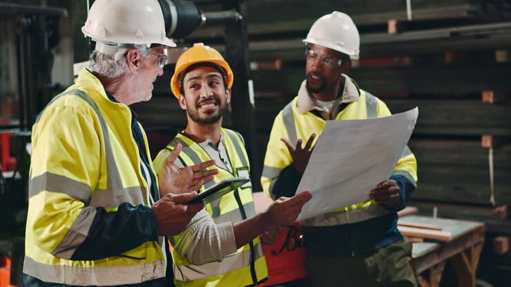Construction workers reviewing blueprints in a warehouse