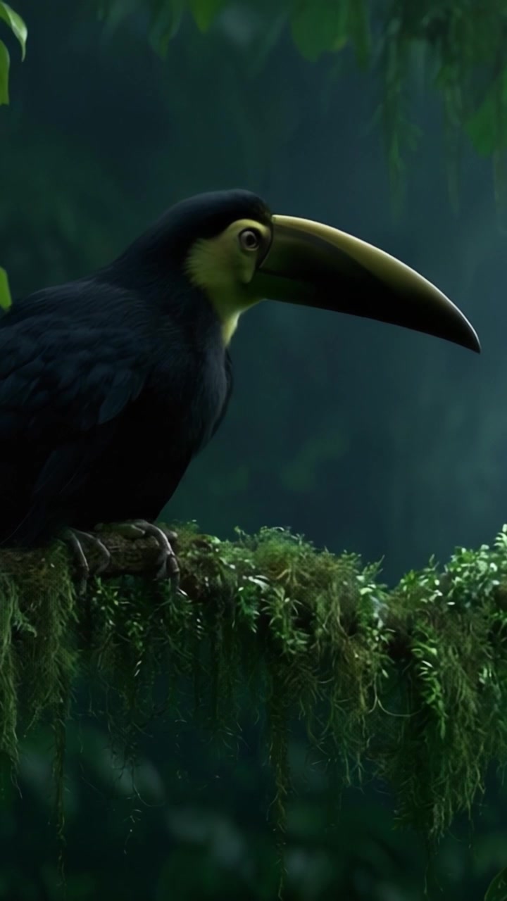 Un maestoso tucano nero appollaiato con grazia su un ramo muschioso in una lussureggiante foresta verde, illuminato da una soffice luce naturale nel suo habitat sereno.