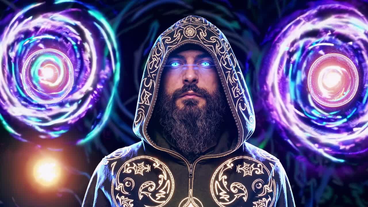 Powerful sorcerer wearing a hooded cloak with glowing eyes is casting bright magic spells with glowing swirling vortexes of energy behind him on a dark background