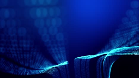 el fondo abstracto en bucle de 4k de partículas de brillo forma líneas, superficies como paisajes futuristas en el ciberespacio o hologramas. tema de ciencia ficción de microworld, nanotecnología o espacio cósmico. rayas azules