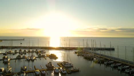 Sailboats-Docked-In-Marina-Gdynia-At-Sunset-In-Gdynia,-Poland