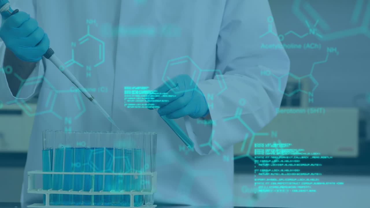 실험실의 과학자에 대한 데이터 처리 애니메이션