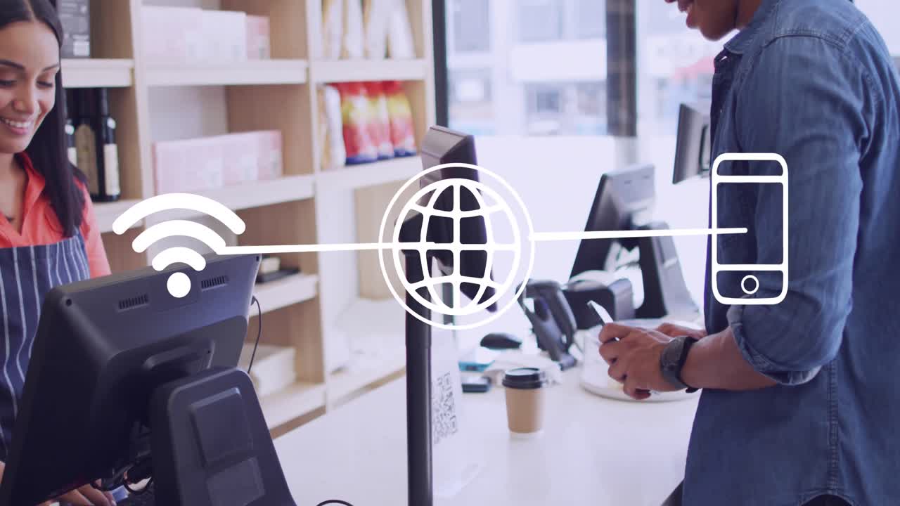 animación de iconos y procesamiento de datos sobre el hombre que paga con tarjeta de crédito en la tienda