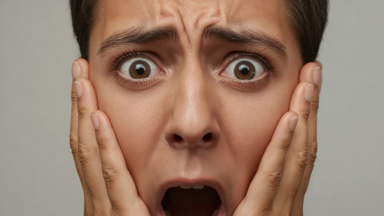 Pressing hands to cheeks, man escalating after startled face into screaming in studio close-up