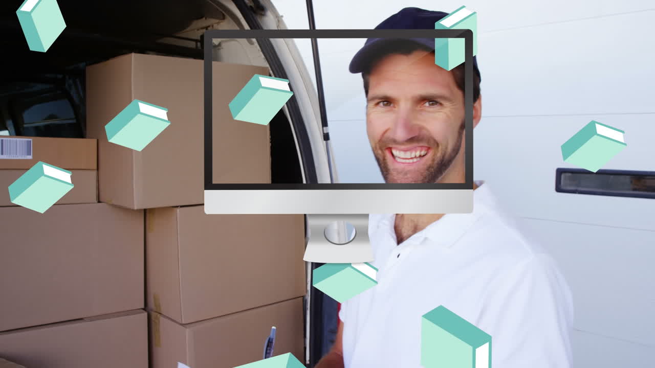 animación de libros y pantalla sobre feliz mensajero caucásico masculino