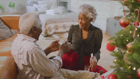 Amorosa-Pareja-De-Ancianos-Abriendo-Regalos-Alrededor-Del-árbol-De-Navidad-En-Casa