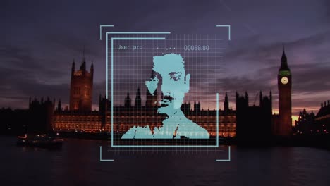 animation of biometric photo and data processing over london cityscape