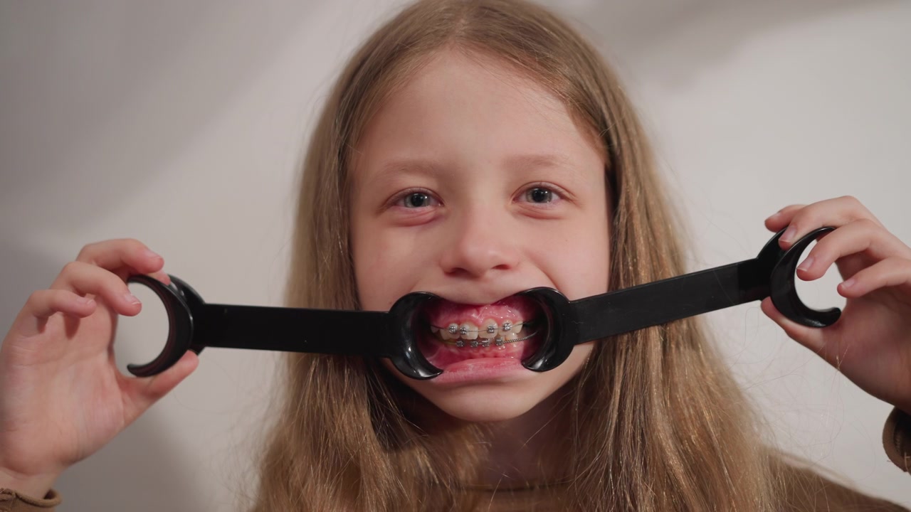 Primo piano di ragazza con capelli lunghi che tiene un divaricatore ortodontico intorno alla bocca per mostrare denti e apparecchio. Il soggetto rimane immobile, consentendo una chiara visibilità della cavità orale