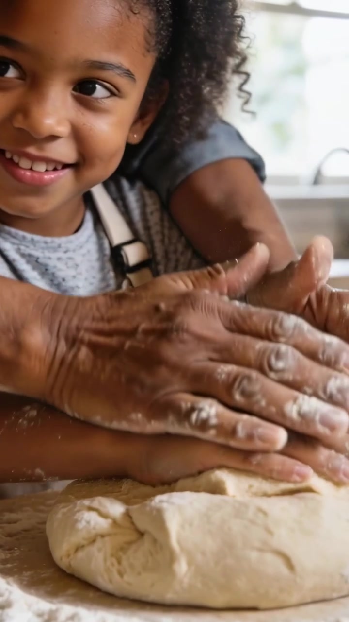 Vertical video: Guiding mom placing hands over child in apron, kneading dough in kitchen, teaching