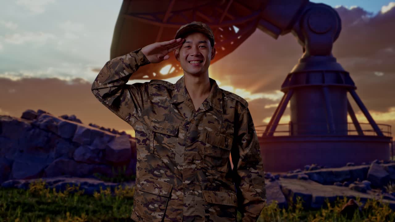 Asian Man Soldier Saluting And Smiling While Standing With Satellite Dish