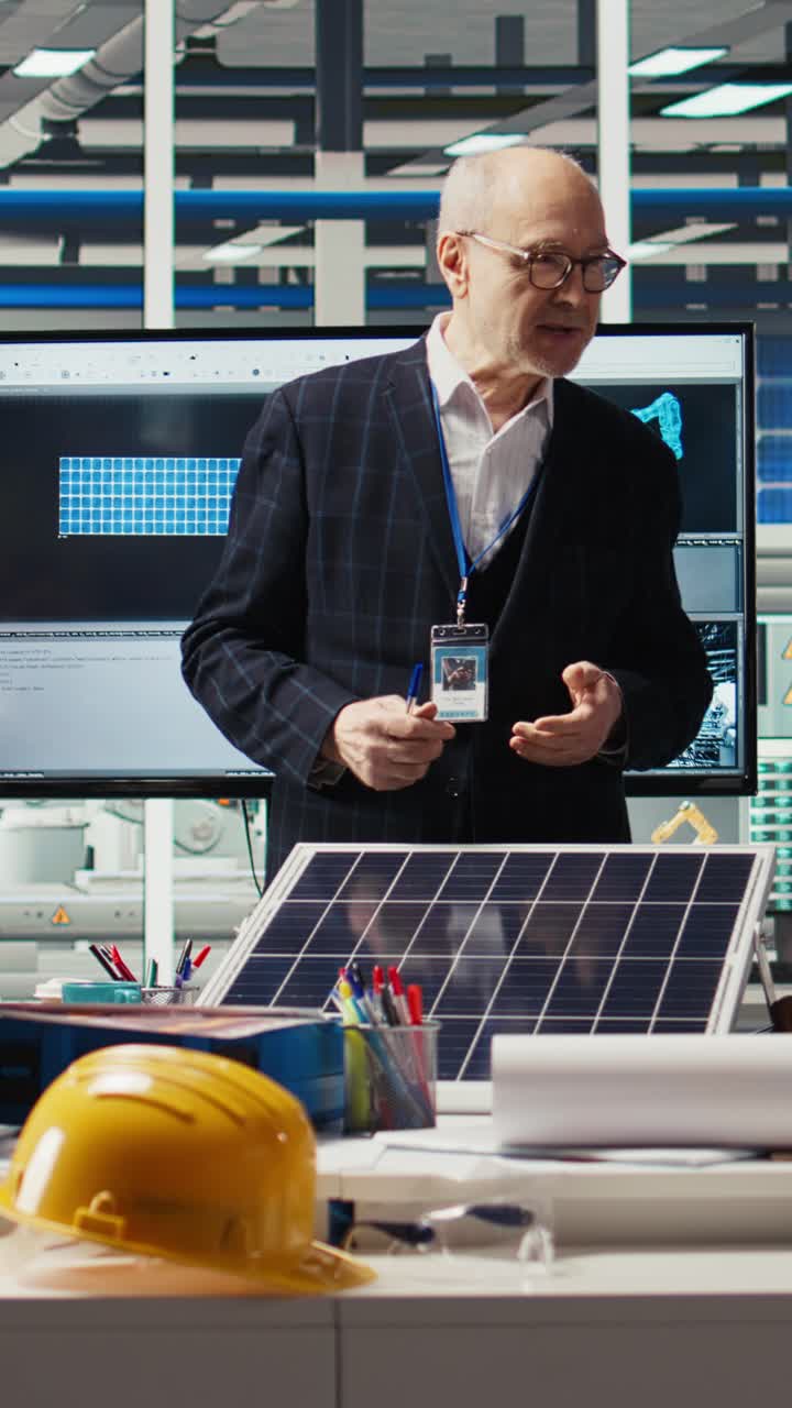 Vertical video Businessmen in photovoltaics factory doing financial investments