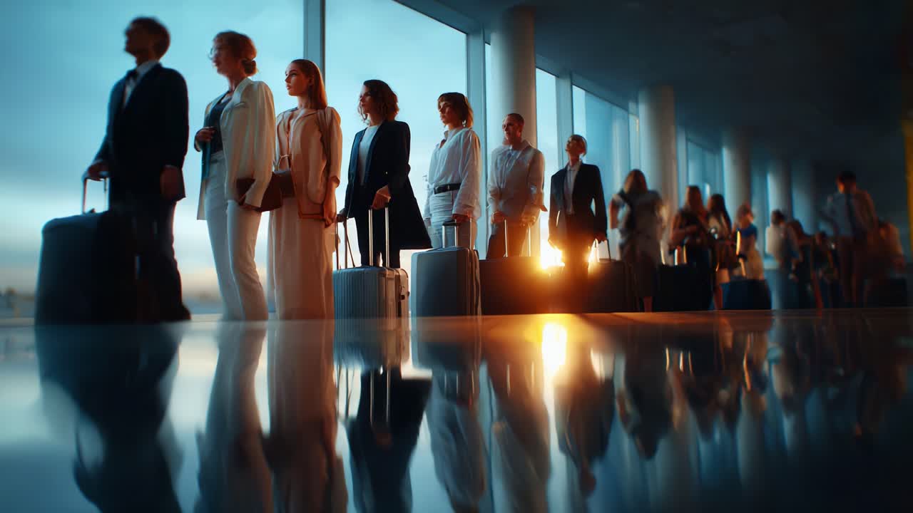 A group of travelers stands in a line at an airport, reflecting their anticipation and readiness for departure, illuminated by the warm glow of the setting sun through the large terminal windows