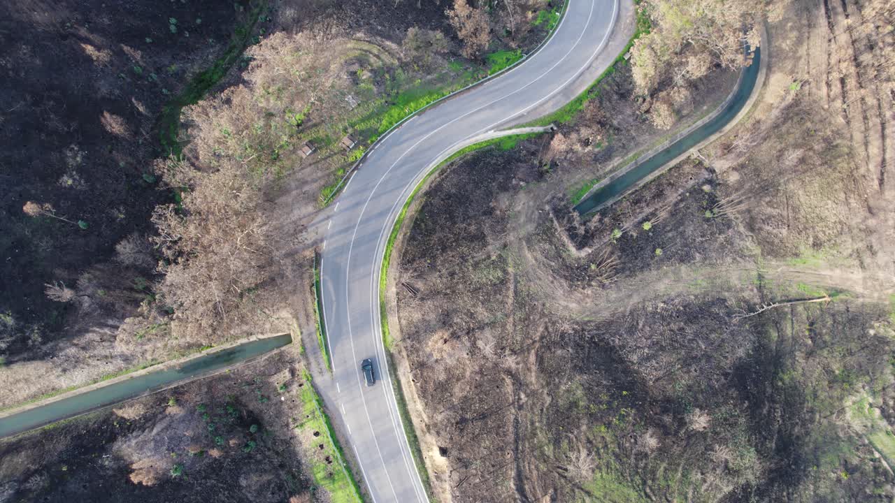 Winding road through Algarve's burned forest landscape - Aerial