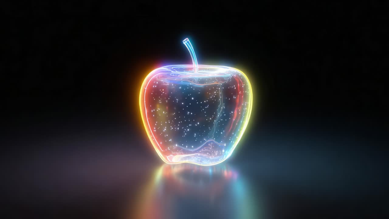 A Glowing Apple: Transforming Shapes and Colors in a Chilling Video Journey Through the Evolution of a Radiant, Textured Fruit in Digital Animation