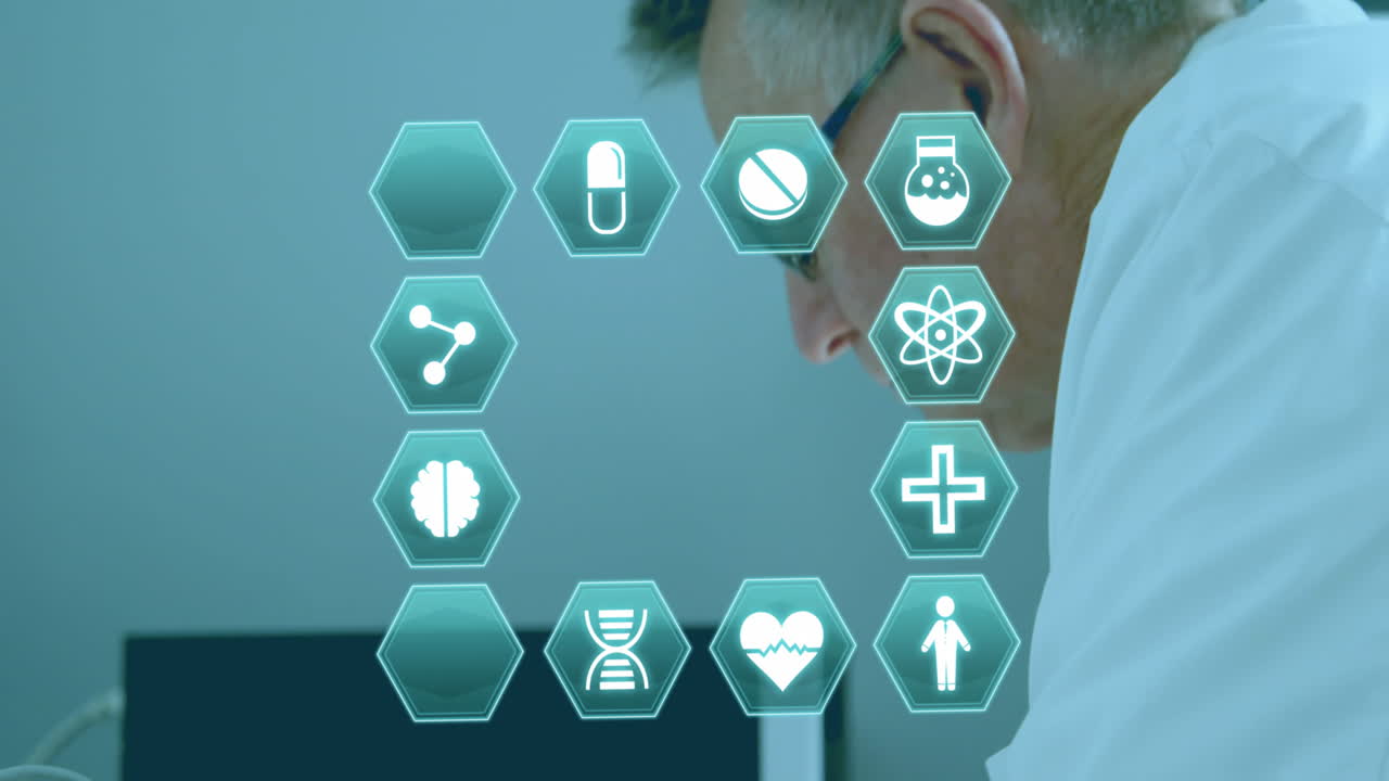 의료 아이콘의 애니메이션과 백인 남성 과학자에 대한 데이터 처리