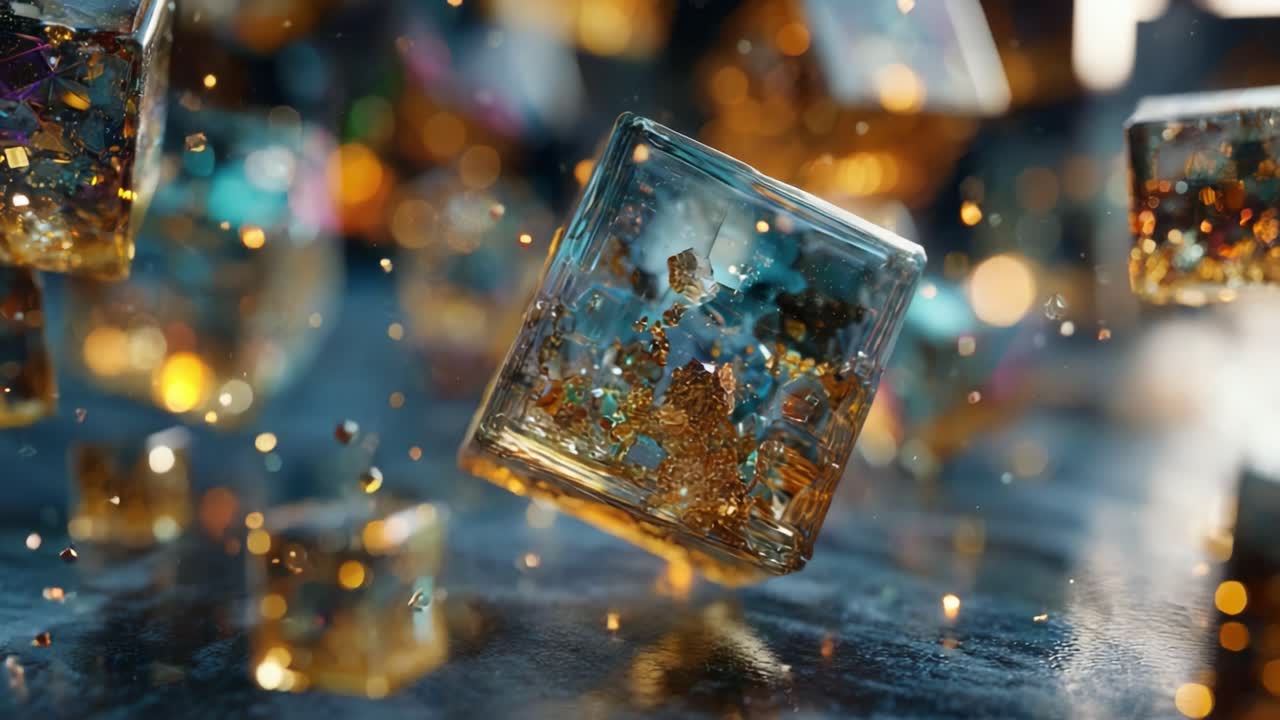 Captivating Imagery of Floating Ice Cubes with Sparkling Elements, Showcasing Unique Reflections and Atmospheric Effects That Create an Enchanting Visual Experience