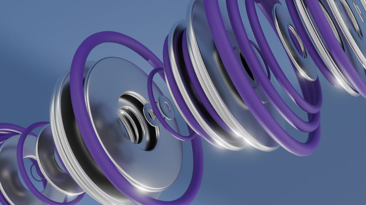 Dynamic 3D Animation of Rotating Silver Discs and Purple Rings
