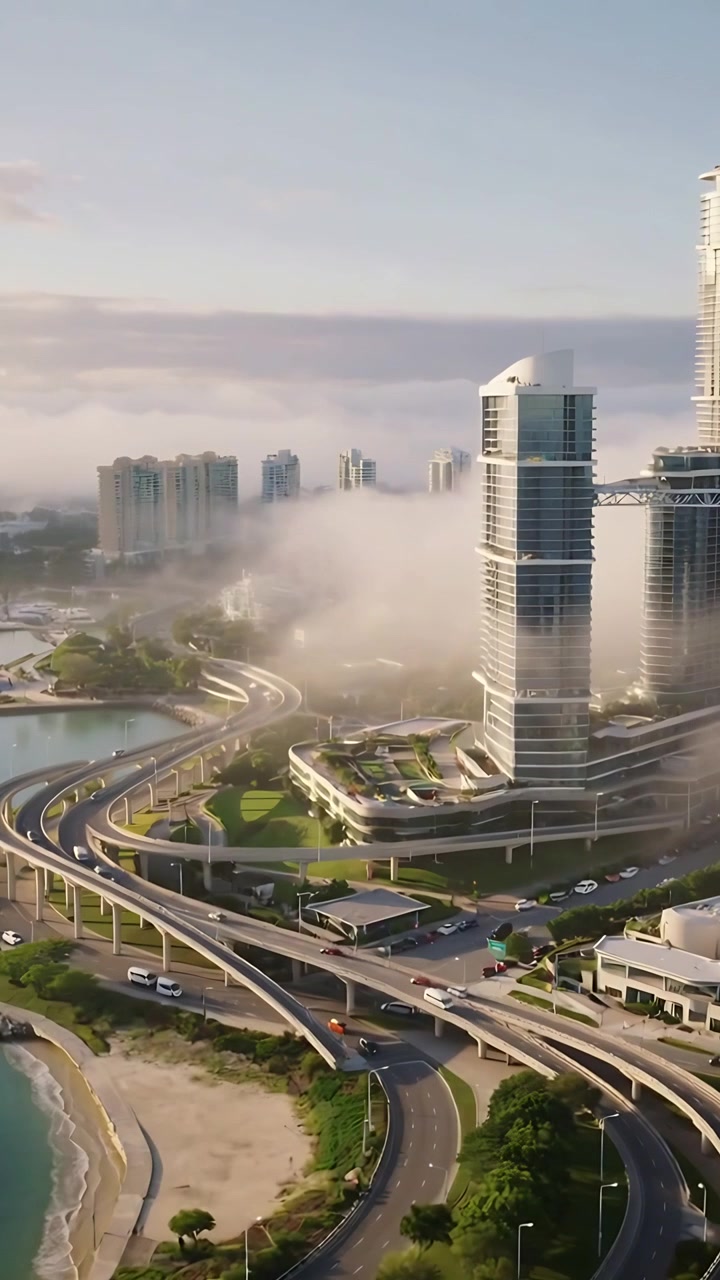 Video verticale: Drone che si muove in basso e a destra rivelando torri di vetro, rampe autostradali e nebbia che si dirada.