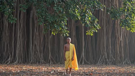 young monk wearing a yellow robe standing under a majestic banyan tree during a sacred ceremony, creating a serene and spiritual atmosphere