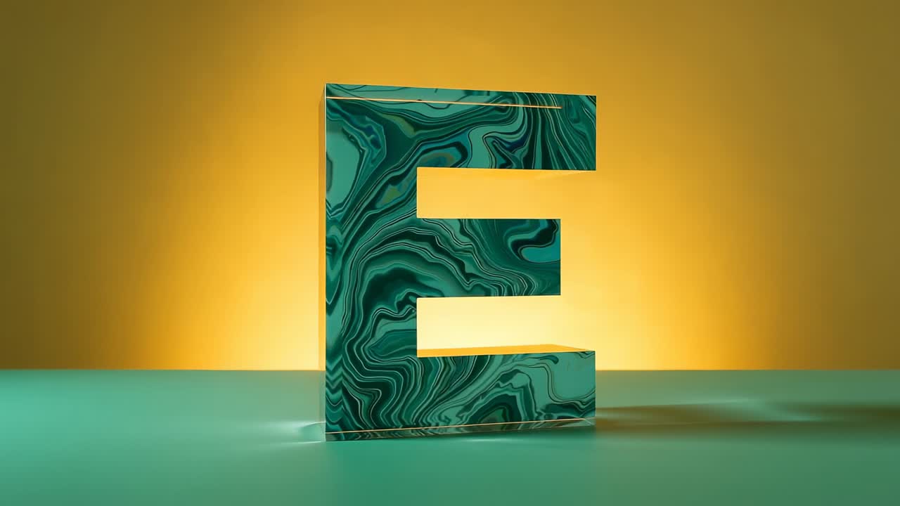 Rotating marbled teal-gray E on green tabletop while lighting shifting from green to gold glow