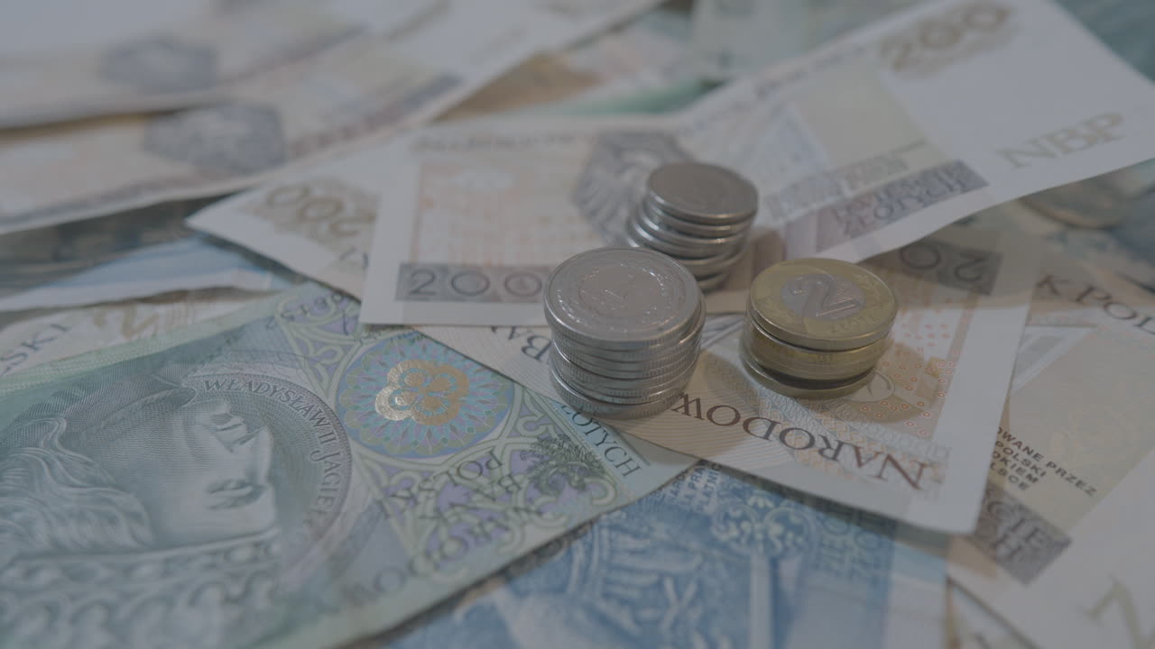 Panoraming top down polish money coins in stacked and scattered files of Polish banknotes
