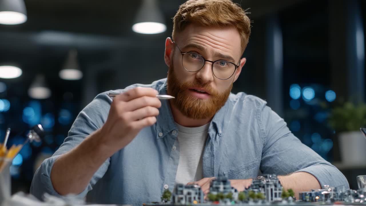 A Focused Builder: Capturing the Creative Process of a Man as He Constructs a Miniature City Model with Careful Precision and Attention to Detail