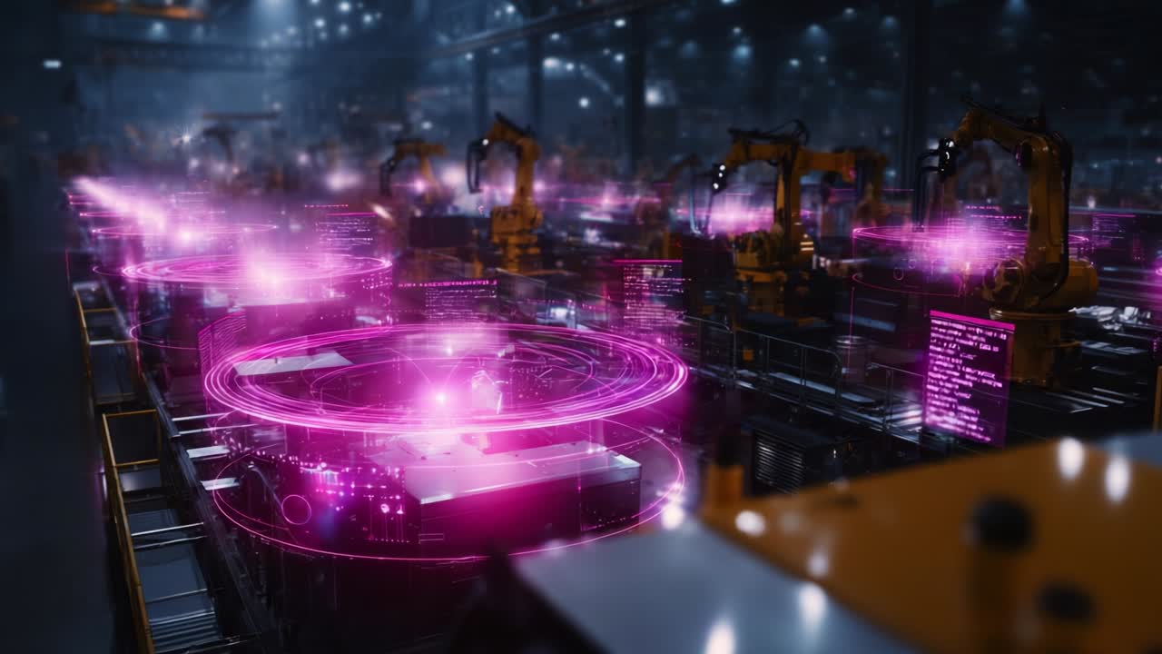 A Futuristic Industrial Warehouse Scene Featuring Advanced Robotics and Neon Digital Displays, Showcasing a State-of-the-Art Automated Manufacturing Environment with Vibrant Lighting Effects and High-Tech Processes