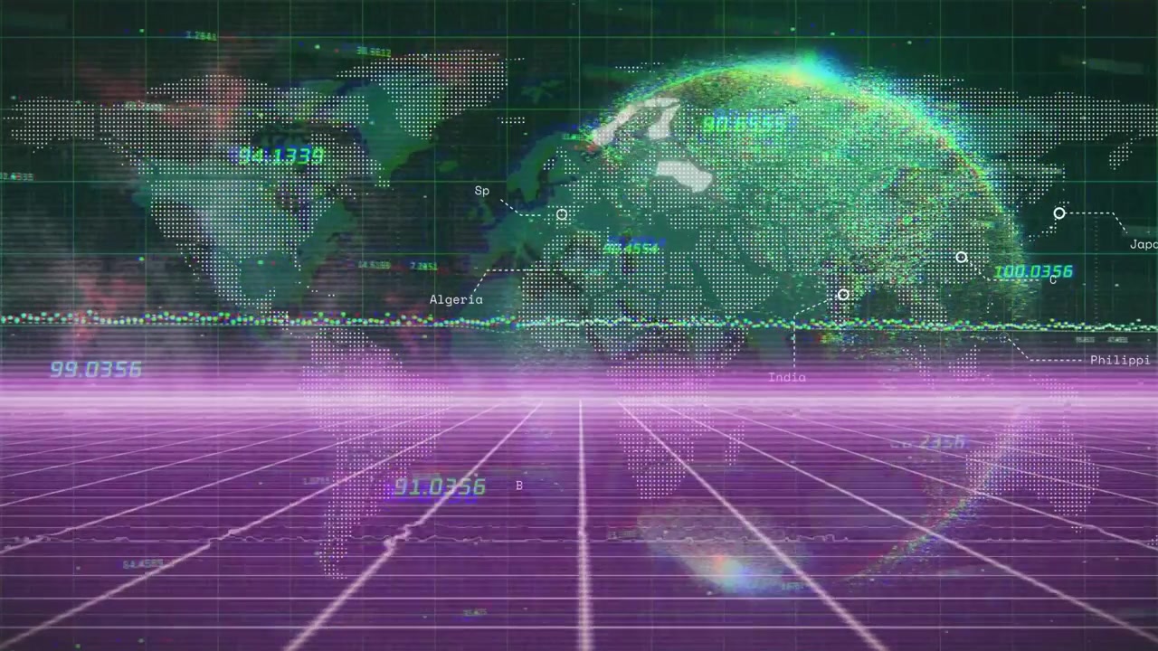 Sobre uma grade magenta brilhando, barra de néon se estendendo, dados sendo exibidos com mapa se formando, globo girando.
