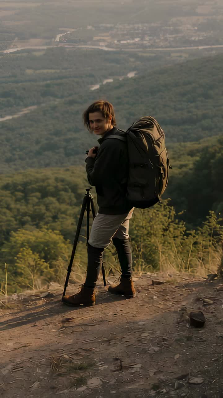 Video verticale: Escursionista in arrivo con giacca scura e zaino che regola treppiede e fotocamera per riprendere la valle.